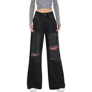 Distressed Wide Leg Jeans Women's High Waisted Ripped Casual Denim Pants